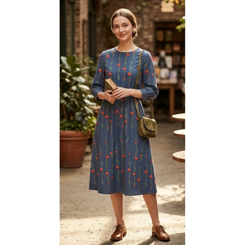 Zoya Poppy Floral Print Elastic Waist Midi Dress Navy Blue Red Long Sleeve